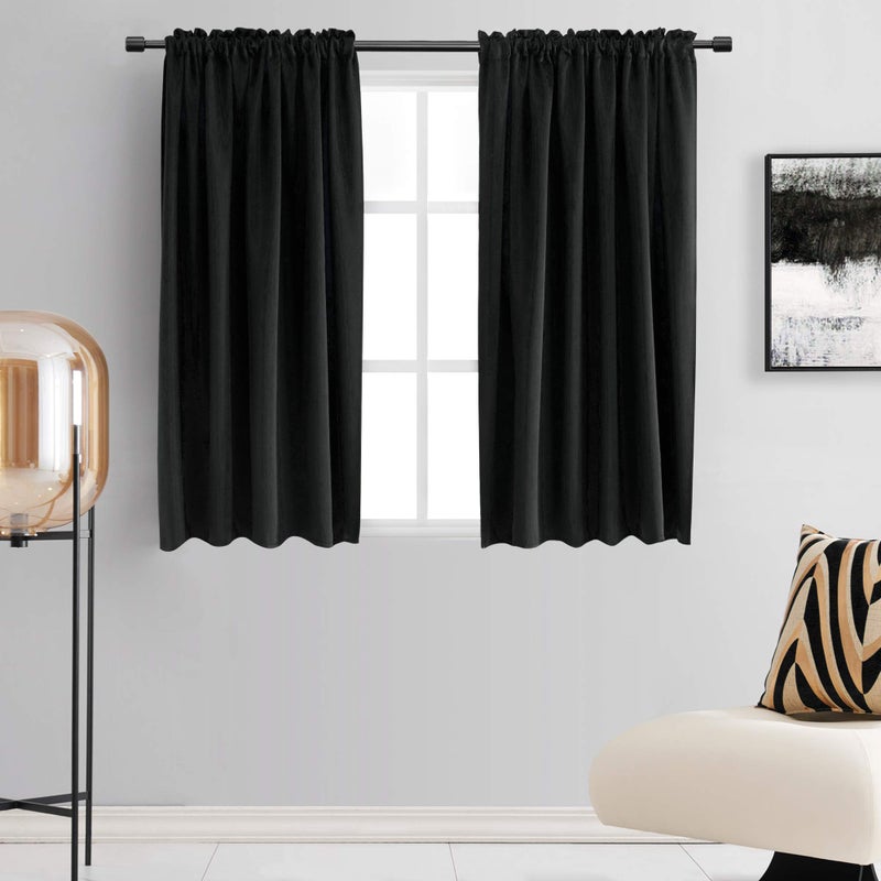 DONREN 99% Blackout Curtain Drapes for Bedroom - Thermal Insulating Rod Pocket Curtain Panels for Small Windows(42 x 45 Inch,Set of 2 Panels,Black) - Image 1